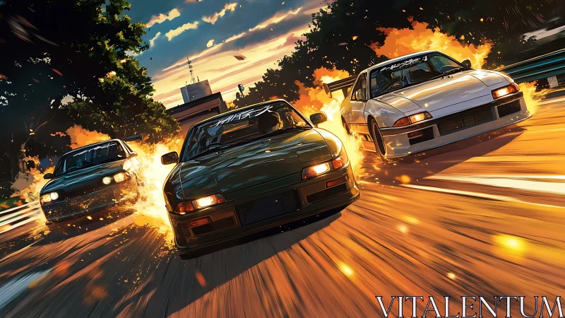 Street-drifting inferno of sunset racers and roaring sparks.