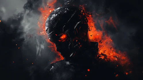 Infernal cybernetic skull emerging through molten embers.