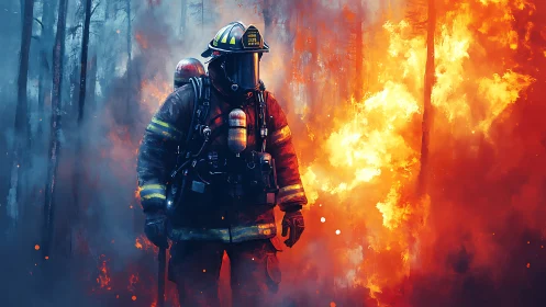 Firefighter Advancing Through Intense Blaze in Hazmat Gear