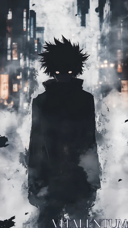 Silhouetted figure with glowing eyes stands in foggy city