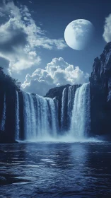 Nocturnal cascades below oversized moonlit skyscape.