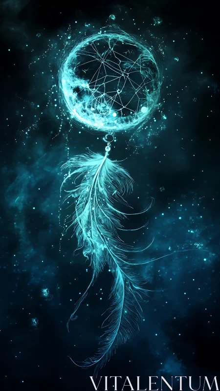 Luminous dreamcatcher with feather against dark star field.