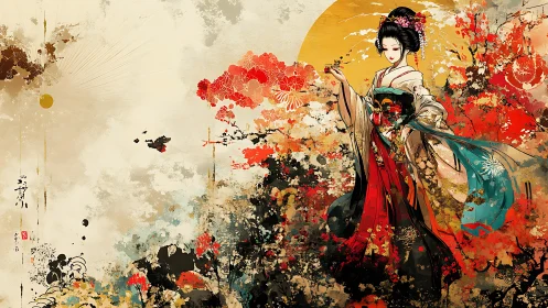 Geisha figure stands before stylized sun in floral abstraction