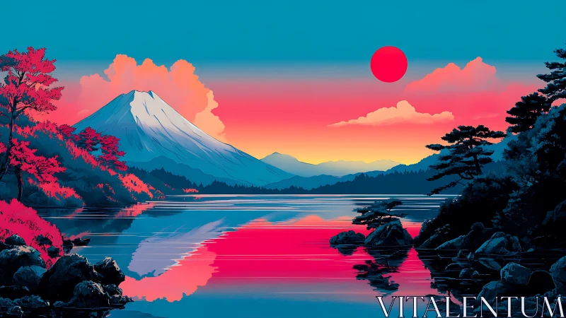 Neon sunset illuminates mountain lake with mirrored reflection