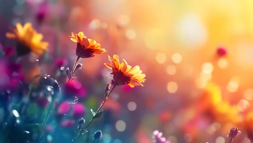 Backlit yellow gerberas in soft focus garden setting.