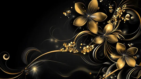 Golden Floral Composition on Black Background with Swirl Motifs.