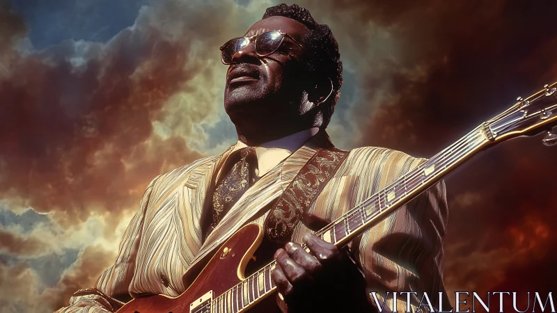 Blues guitarist in striped suit plays beneath stormy skies.