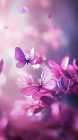 Bioluminescent-style magenta butterflies in shallow depth bokeh