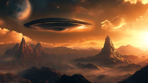 Colossal UFO over alien desert peaks at blazing sunset.