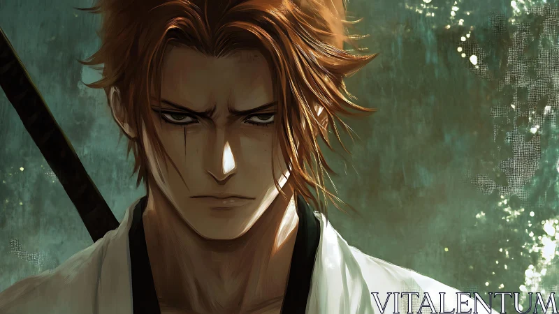 Storm-eyed swordsman holding silent strength and resolve.