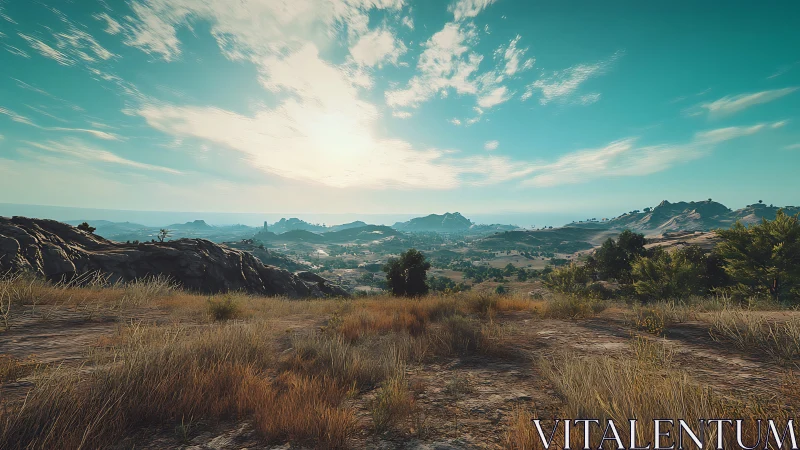 Procedurally rendered arid valley panorama under high sun