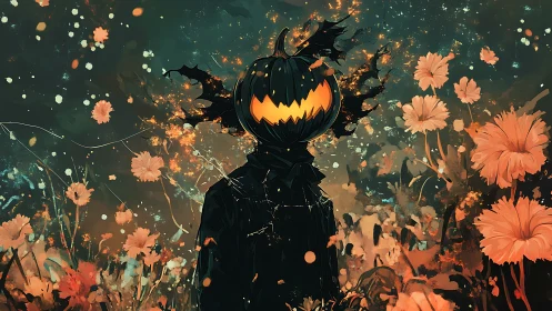Pumpkin-headed scarecrow glowing softly in a dreamy garden.