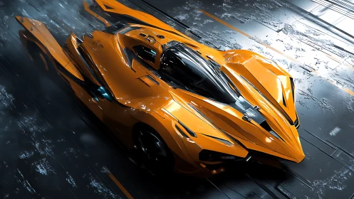 Futuristic orange hypercar on wet metallic racetrack surface.
