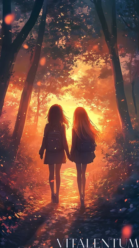 Girls walk forest path into glowing sunset light together.