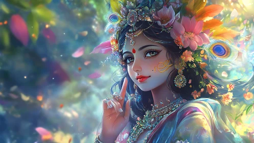 Digital portrait shows floral adorned woman in luminous scene