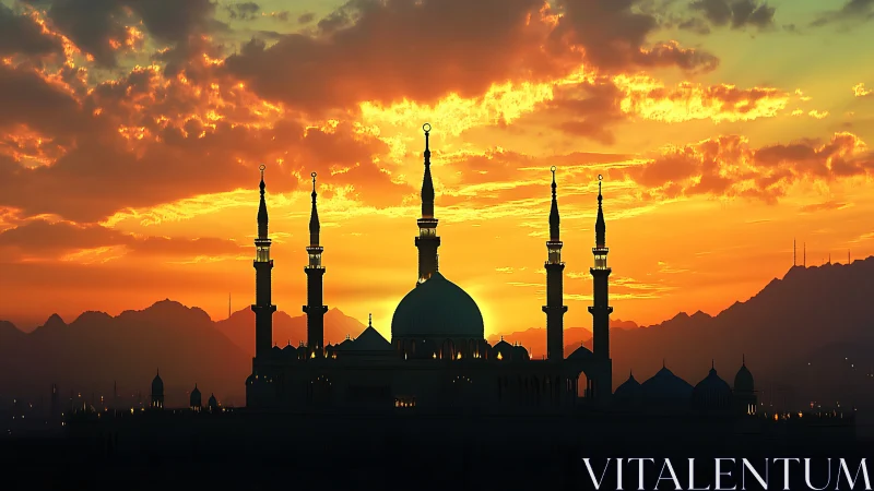 Mosque silhouette glows against intense orange sunset sky.
