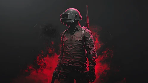 Helmeted tactical soldier with rifle in red glow background.