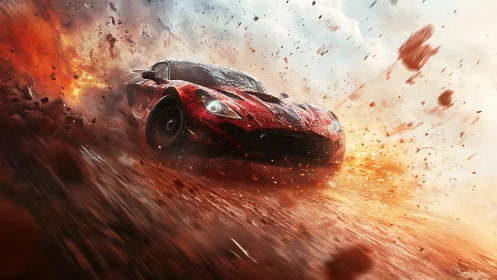 Red supercar drifts through explosive dust and flying debris