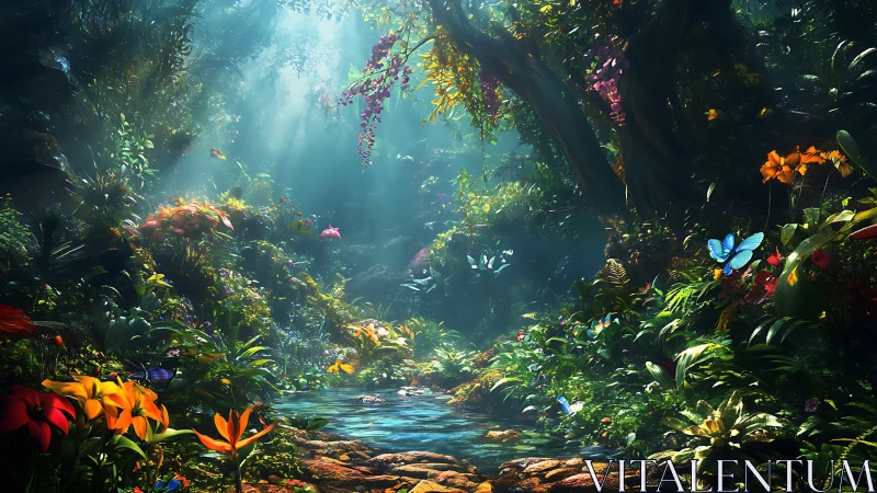 Enchanted forest pond glowing with butterflies and soft light.