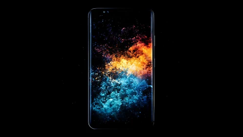 Smartphone display with abstract blue and orange particles.
