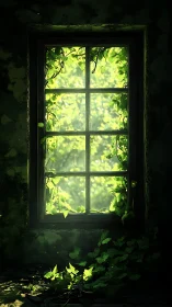 Sunlit ivy climbs an old window in a quiet green room