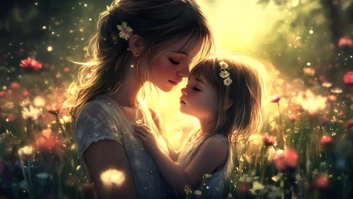 Luminescent Maternal Bond: Two Figures in Effulgent Floral Field.