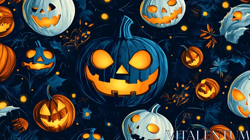 Glowing jack o&rsquo;lantern parade in deep midnight blues.