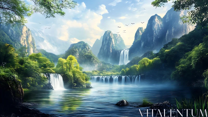 Luminous tiered waterfalls beneath misted emerald peaks.