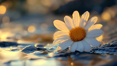 Daisy Flower on Wet Surface at Golden Hour.