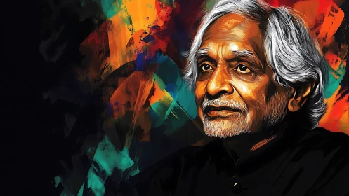 Warm portrait of a thoughtful elder amid vivid colors.