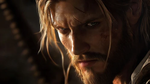 Battle-scarred wanderer resting in quiet golden light.