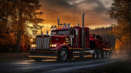 Custom red semi truck illuminated against dramatic autumn sunset
