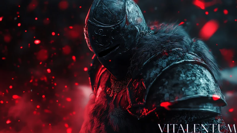 Cinematic armored knight portrait with ember-lit atmosphere.