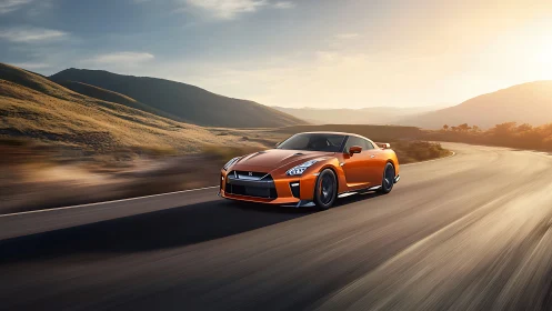 Orange sports coupe powers through sunlit mountain highway.