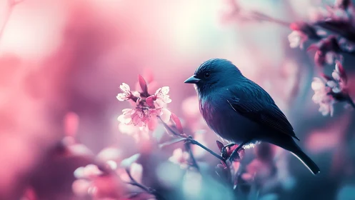 Cerulean songbird perched among pink blossoms with bokeh.