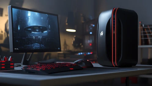 Gaming desktop setup glows with red accent lighting.