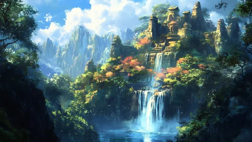Ancient Citadel Among Cascading Waterfalls and Verdant Canyon Landscape.