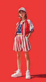 Confident streetwear girl in bold red striped summer set.