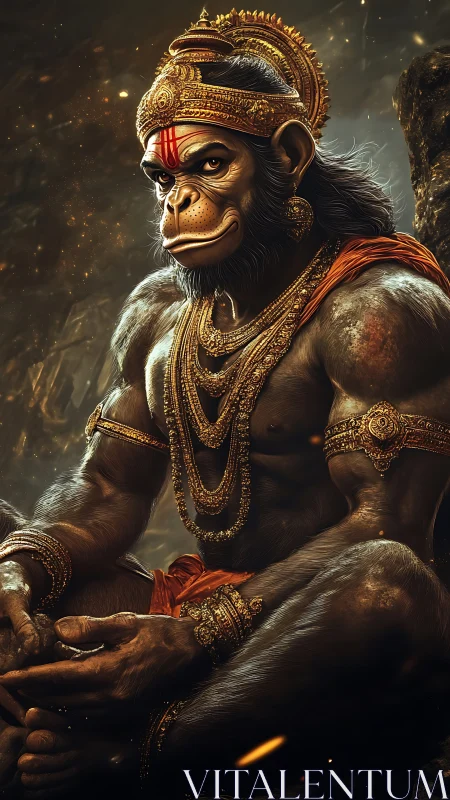 Hyperreal simian deity in ornate gold regalia, seated calmly