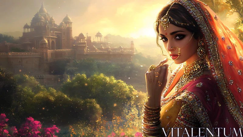 Regal Indian bride gazes over a glowing palace at sunset