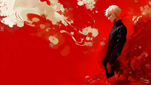 Blond anime figure stands in black coat amid red abstract field