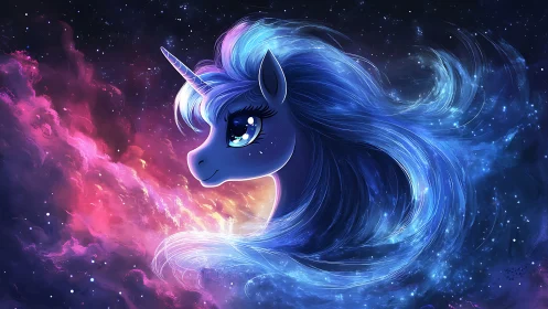 Dreamy cosmic unicorn drifting through starlit night skies.