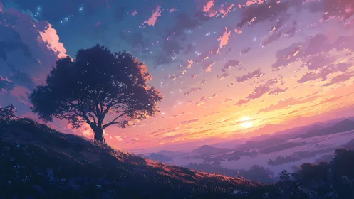 Solitary hillside tree against layered sunset sky panorama.