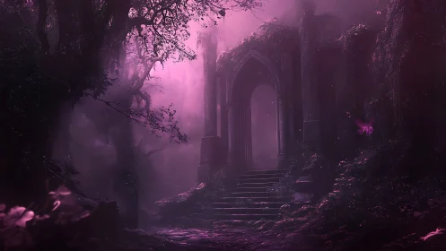 Mystic violet ruin beneath enchanted forest light portal.