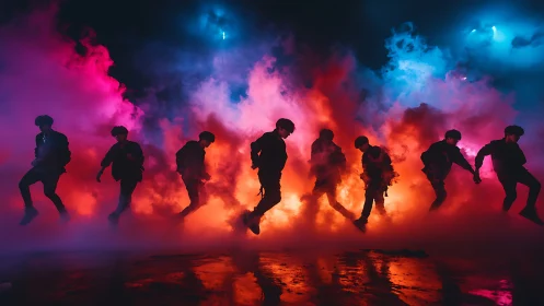 Silhouetted dance crew in neon smoke with cinematic backlight.
