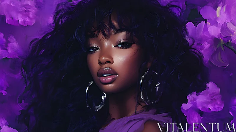 Digital portrait of woman with curls and purple flowers.