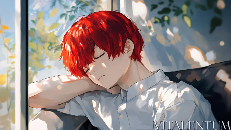 Sunlit afternoon nap with a red‑haired daydreamer.