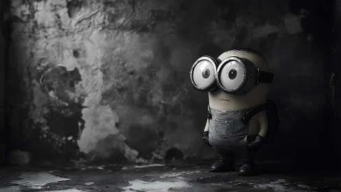 3D cartoon character stands in dim, textured concrete space