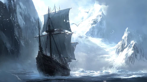 Icebound galleon cuts through towering polar glaciers.