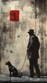 Man with dog before red dripping square graffiti panel.